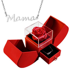 Red gift box with a red rose and 'Mama' silver necklace 