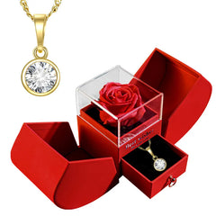 Red jewelry box with a gold necklace and red rose, 